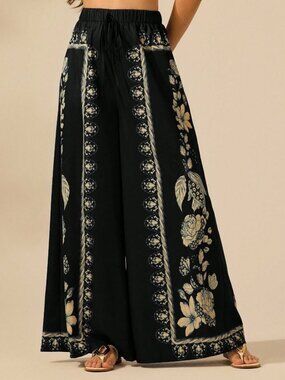 Black Boho Women's Tropical Plant Print Palazzo Pants
